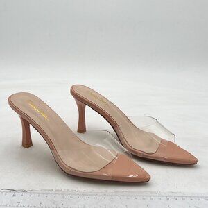 Milooey Nude Clear High Heel Mules Open Pointed Toe Slide Sandals Cute Shoes
